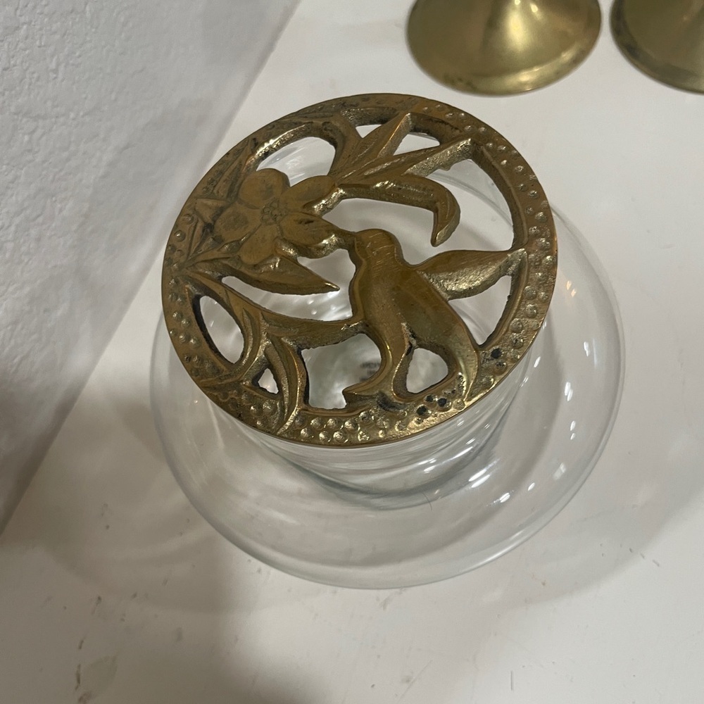 Vintage Brass Potpourri Bowl Humming Bird‎ glass jar